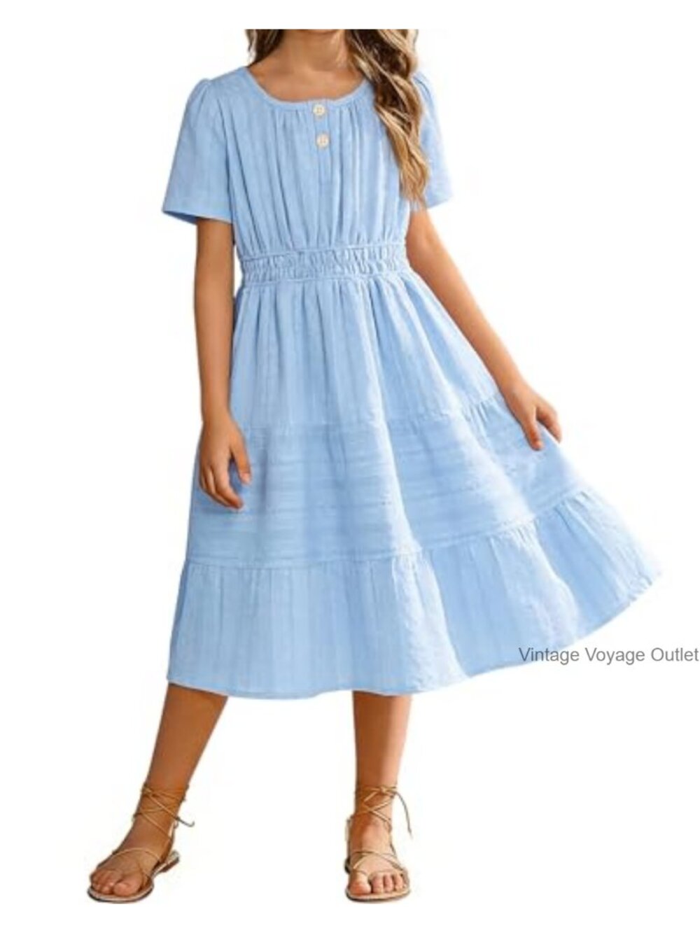 Tween Girls Boho Summer Dress Short Sleeve Tiered Cotton Blend A-Line Casual